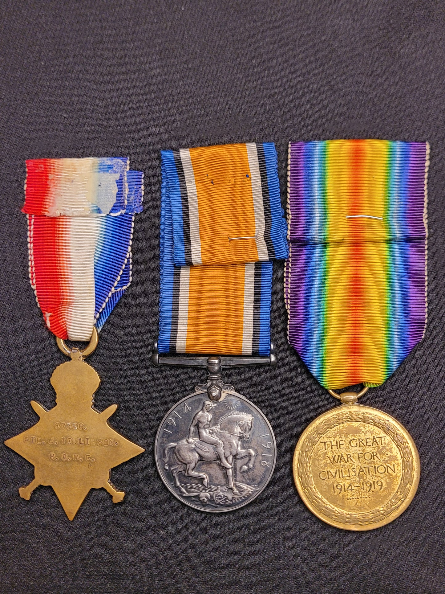 WW1 Medal Trio 1914/15 Star, British War Medal and Victory Medal to Private J. Tomlinson, RAMC