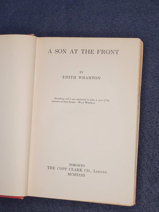 WW1 Book "A Son at the Front" a novel by Edith Wharton 1923