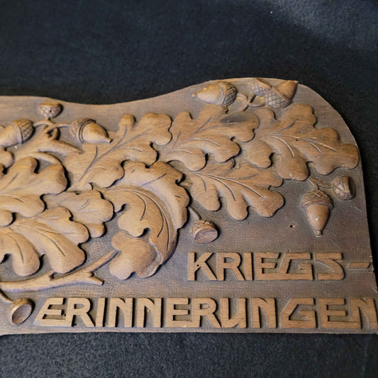 WW1 German Hand Carved Wooden Trench Art Plaque "War Memories" 1914
