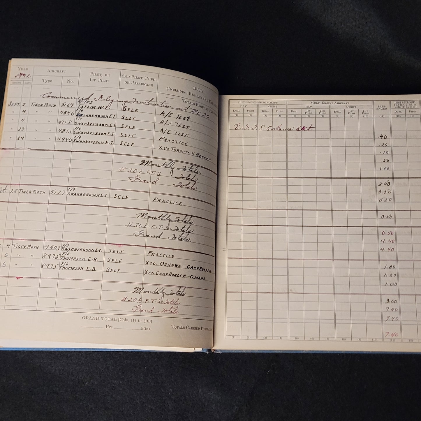 WW2 RCAF Pilot's Flying Log Book - #20 EFTS Oshawa