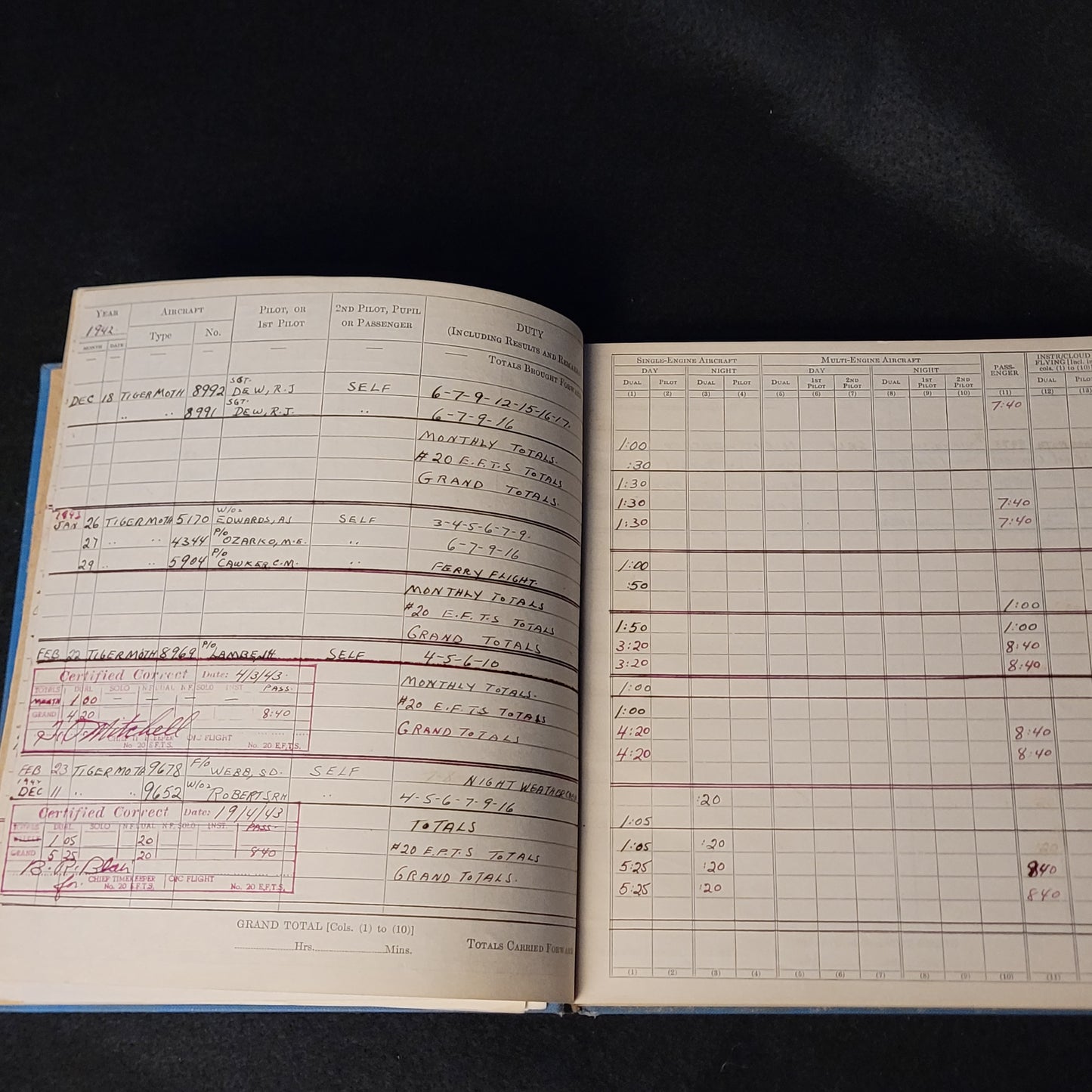 WW2 RCAF Pilot's Flying Log Book - #20 EFTS Oshawa