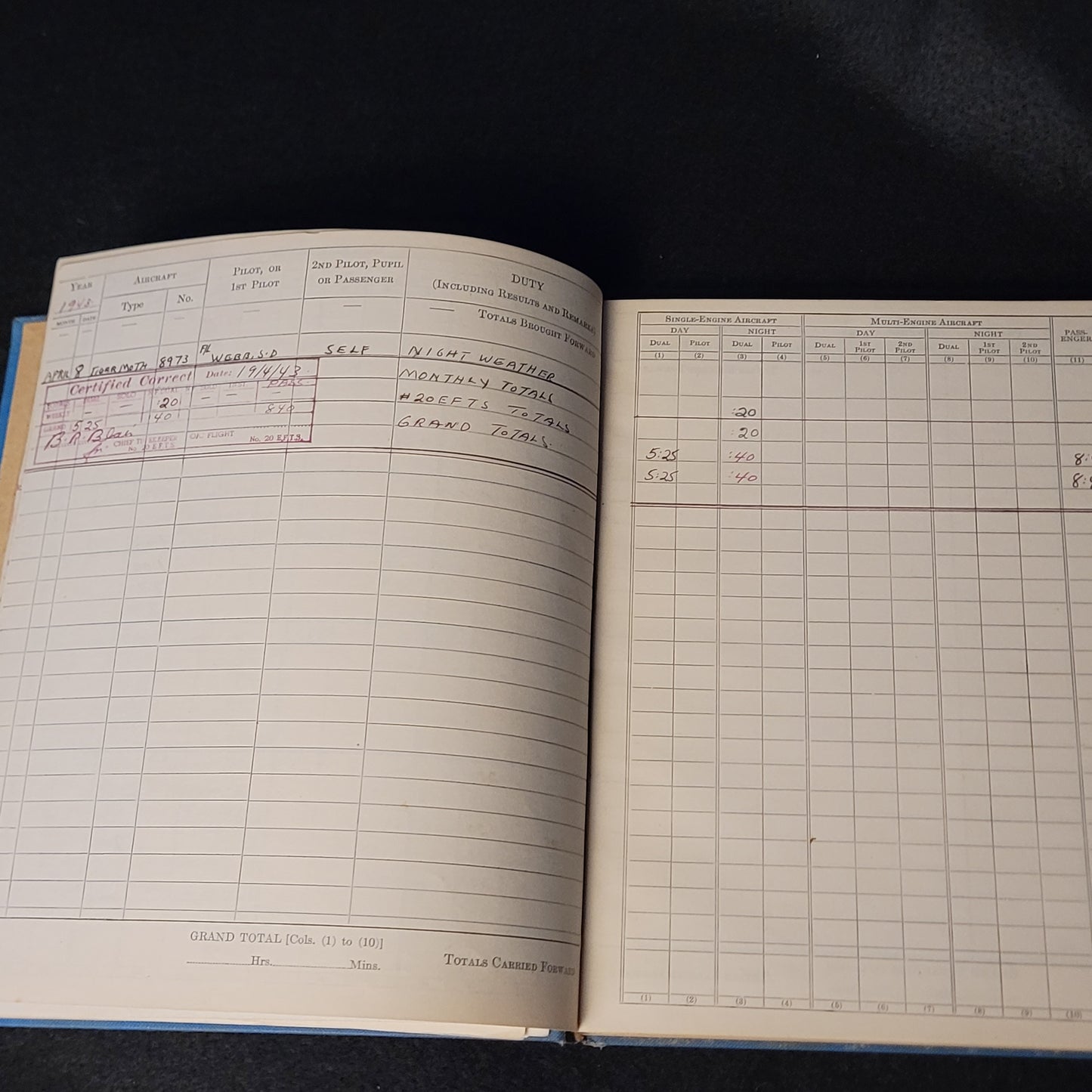 WW2 RCAF Pilot's Flying Log Book - #20 EFTS Oshawa