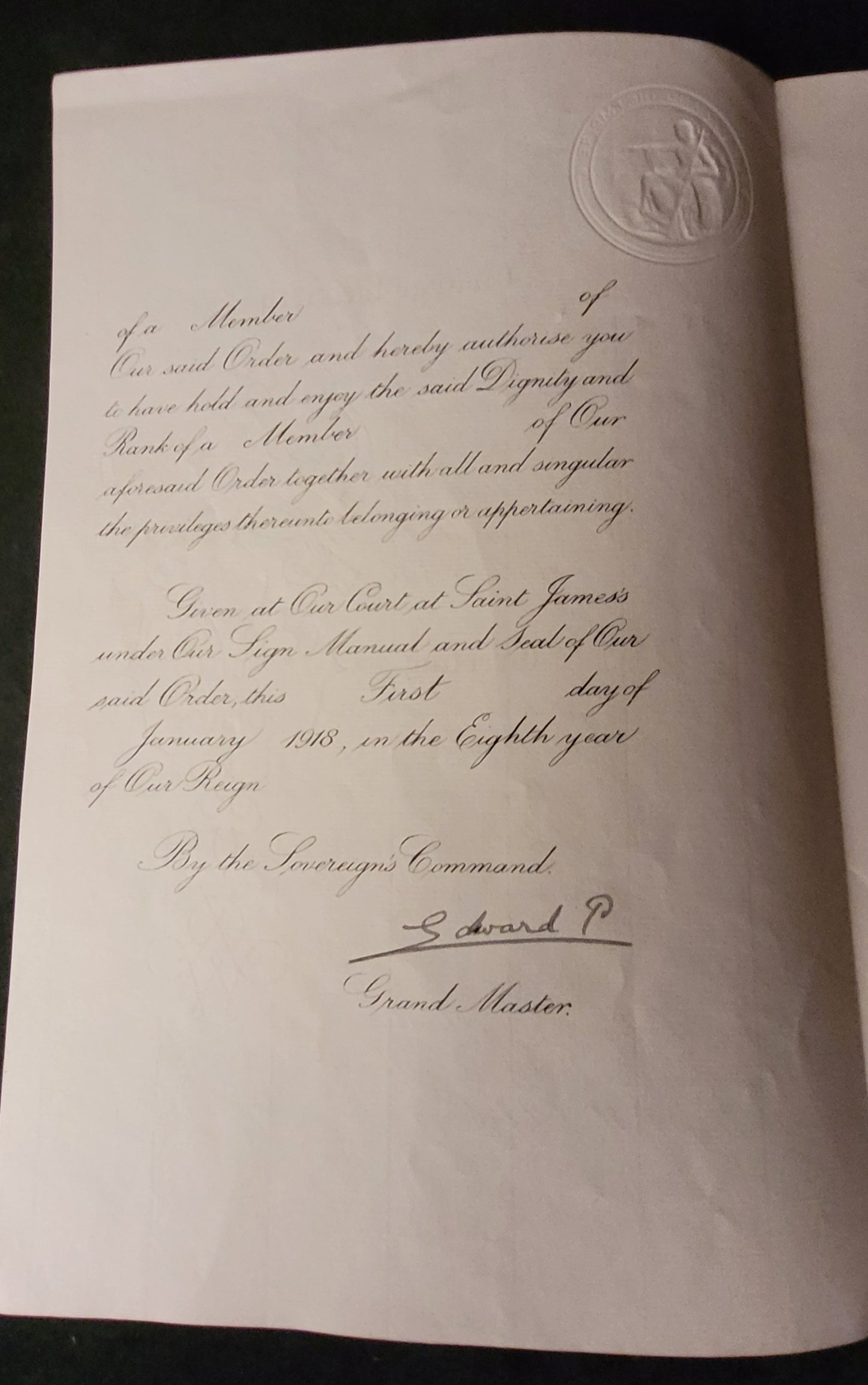 WW1 Very Early MBE Document Hand Signed by Edward, Prince of Wales