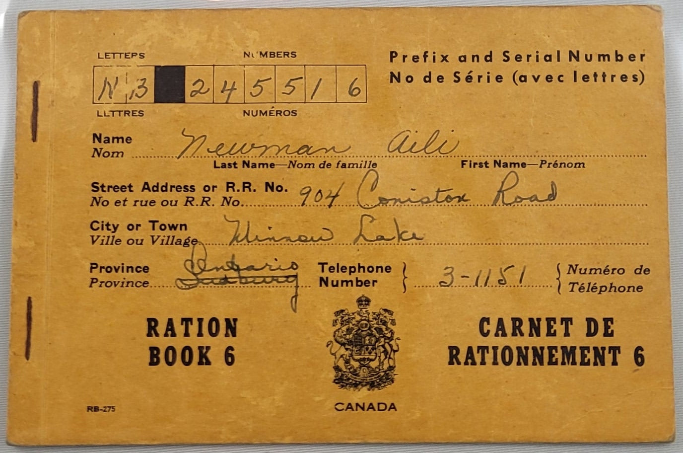 Aili Newman Ration Card