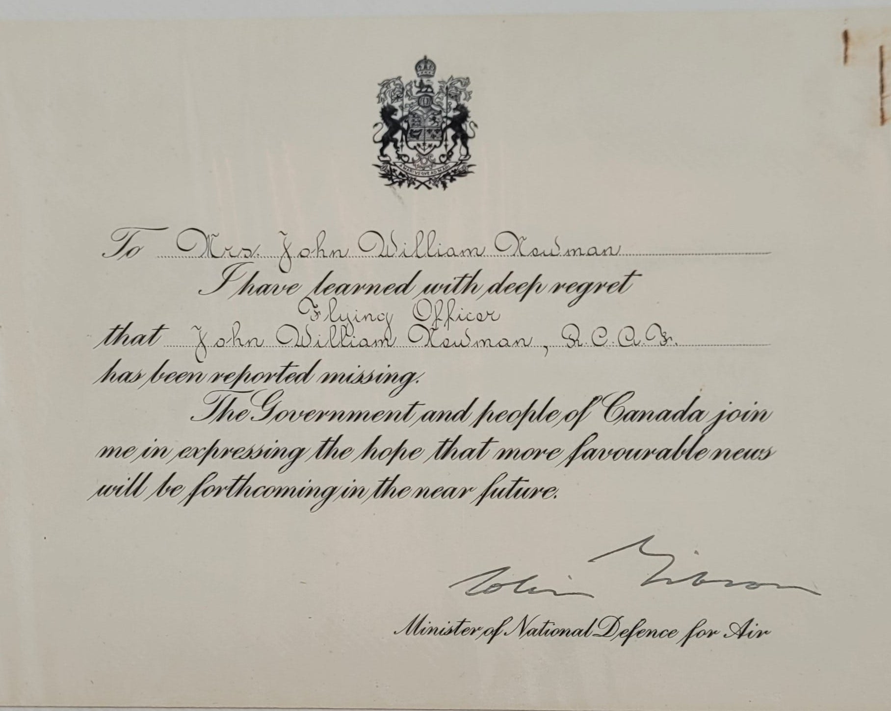 Newman Condolence Letter
