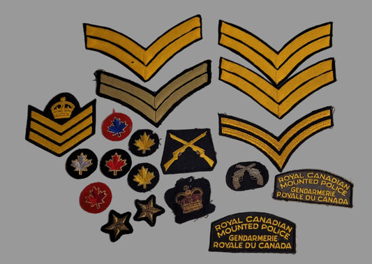 RCMP cloth insignia lot rank stripes, service stars, bullion marksman 