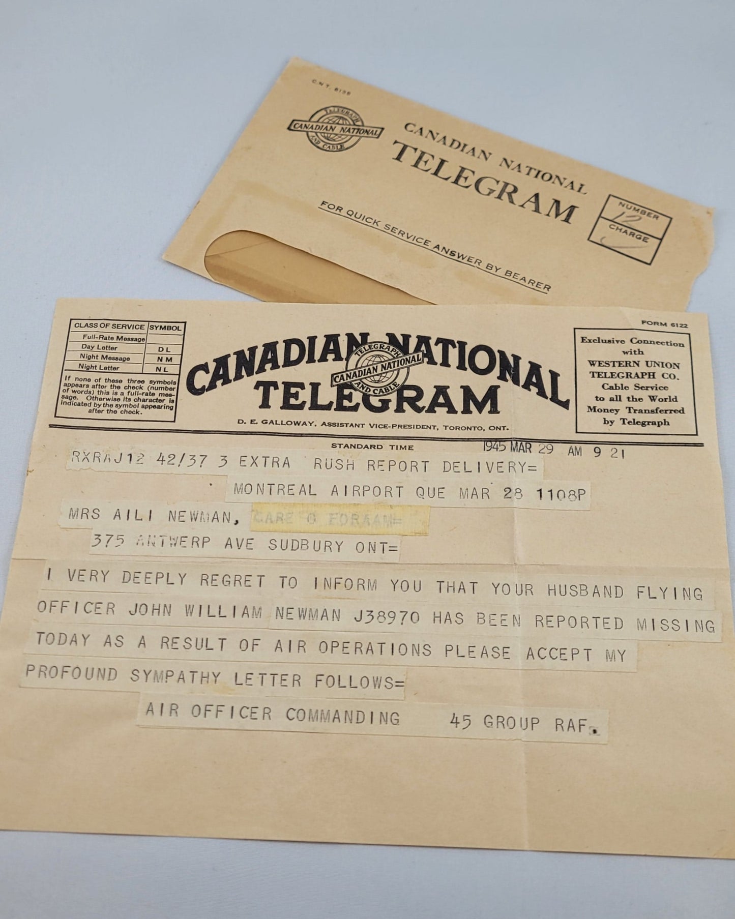 Telegram re missing Flying Officer John William Newman