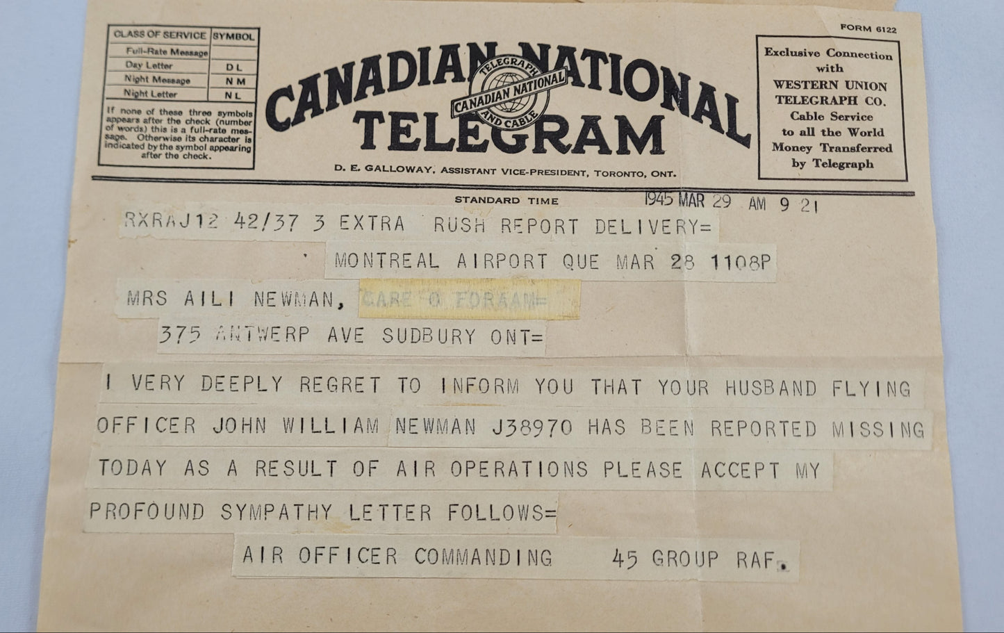Telegram re missing Flying Officer John William Newman