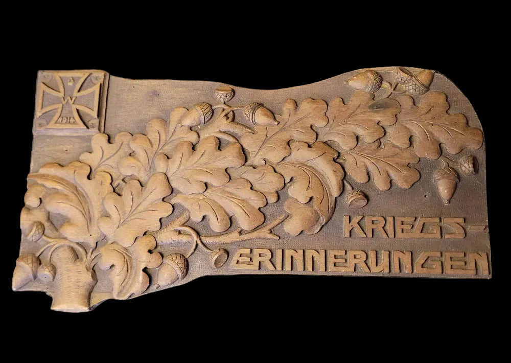 WW1 German Hand Carved Wooden Trench Art Plaque "War Memories" 1914