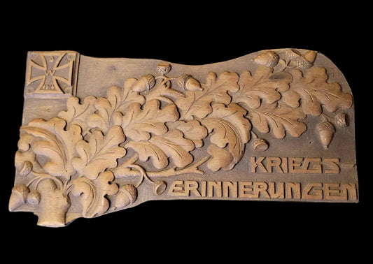 WW1 German Hand Carved Wooden Trench Art Plaque "War Memories" 1914