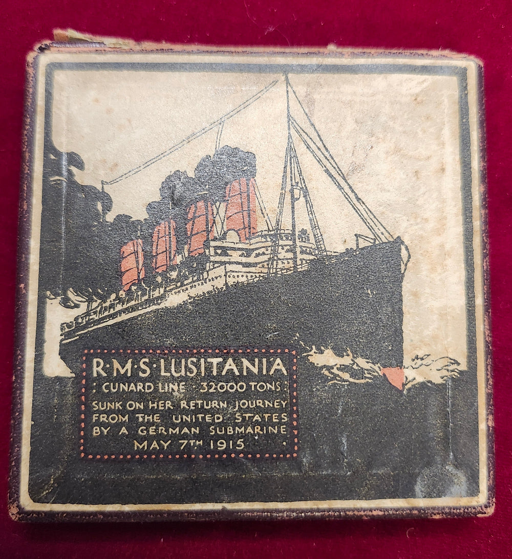 Vintage ship card with 'R.M.S. Lusitania' design on a red background